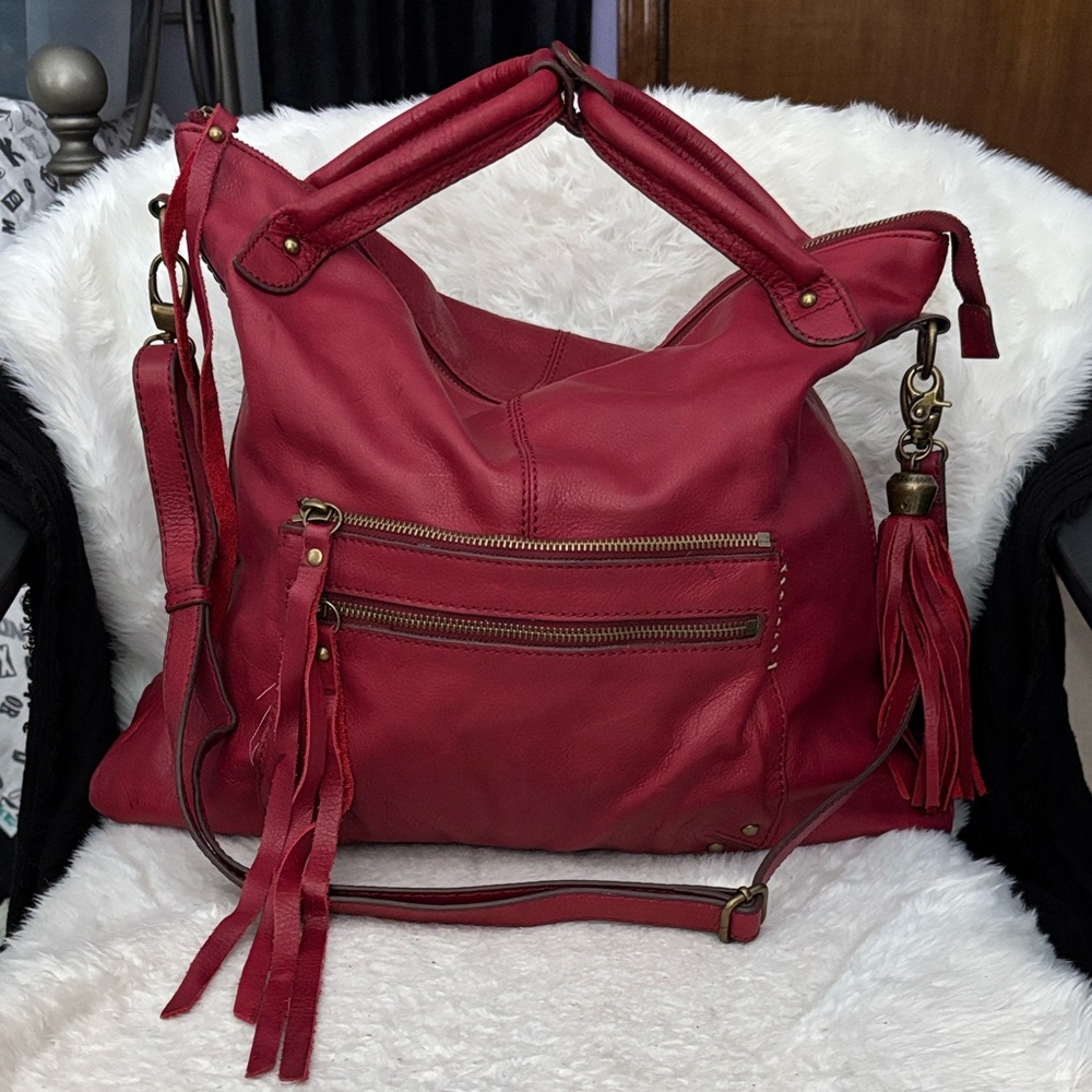 Lucky Brand Genuine Leather Stylish Red Women's Hobo Bag with Tassel Detail